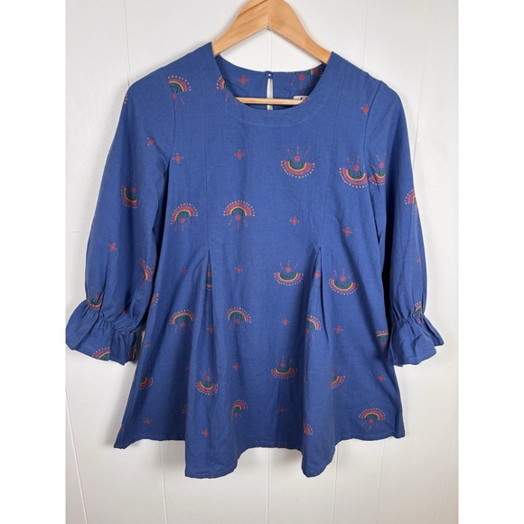 FabIndia Women's XS Tunic Top‎ Linen Blend Blue Rainbow Pattern Blouse EUC - Picture 4 of 14